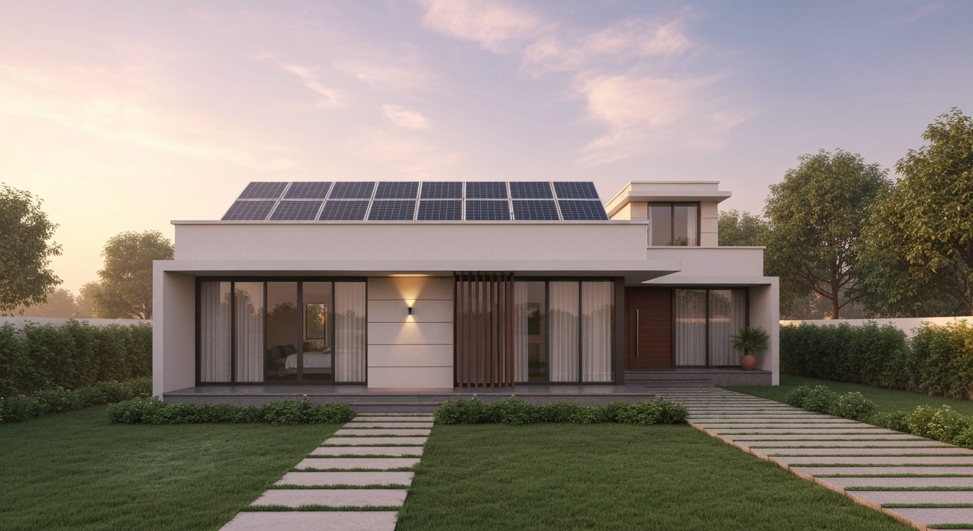 Modern,Indian,House,With,Solar,Installed,On,A,Flat,Surface